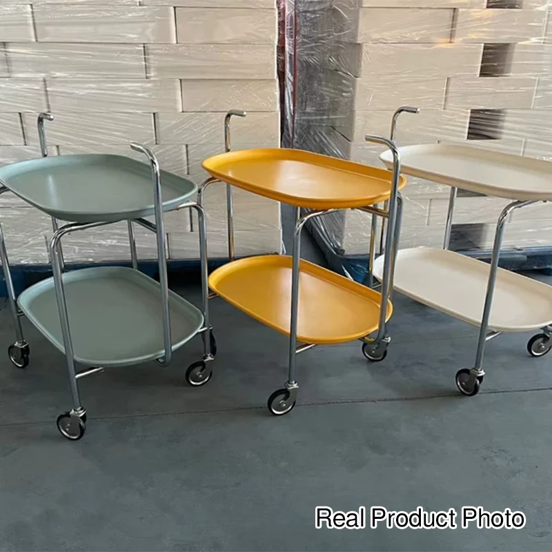 Contemporary Nordic ABS & Iron Oval Movable Side Table 2-Tier With Wheels & Handles For Living Room & Bedroom