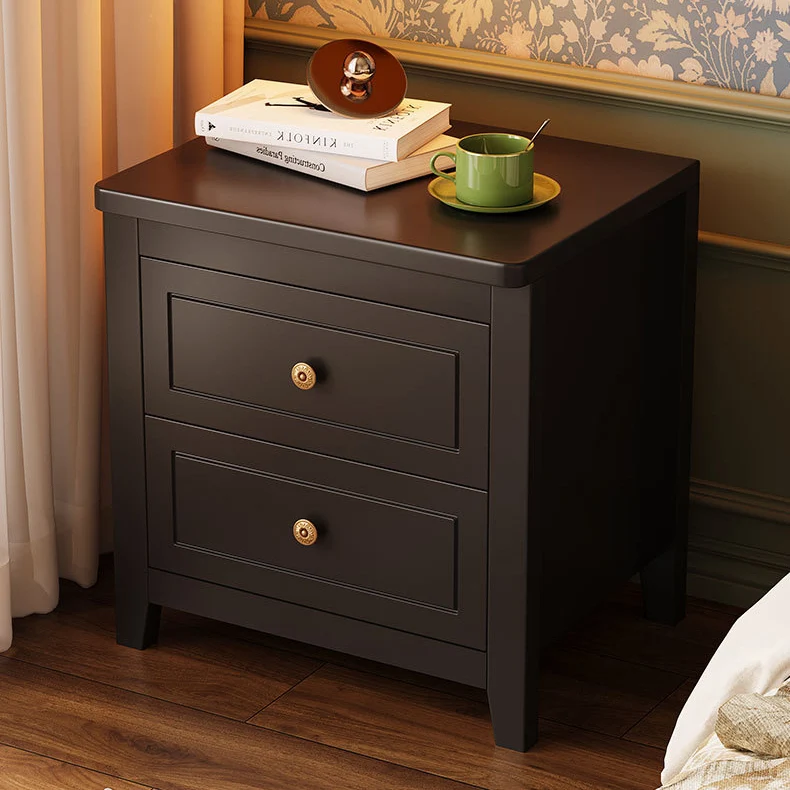Contemporary Retro Rubberwood Plywood Pine Wood Rectangular Nightstand 2-Drawers For Bedside Storage