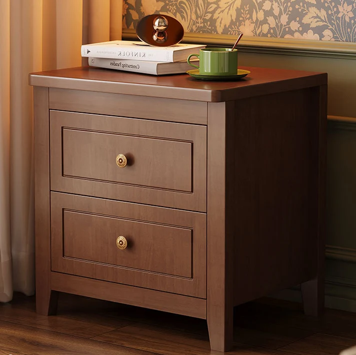 Contemporary Retro Rubberwood Plywood Pine Wood Rectangular Nightstand 2-Drawers For Bedside Storage