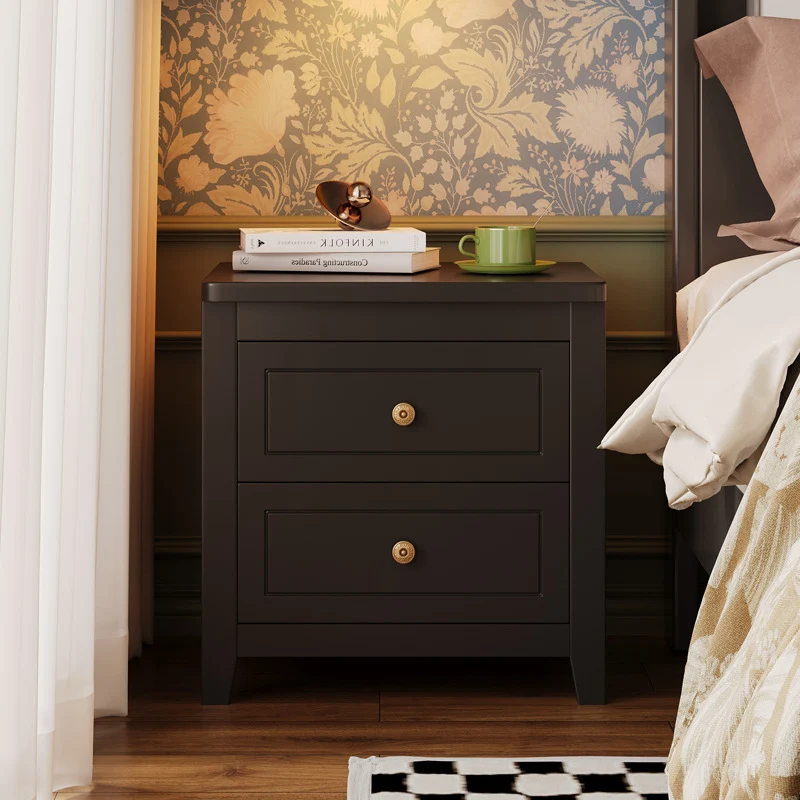 Contemporary Retro Rubberwood Plywood Pine Wood Rectangular Nightstand 2-Drawers For Bedside Storage