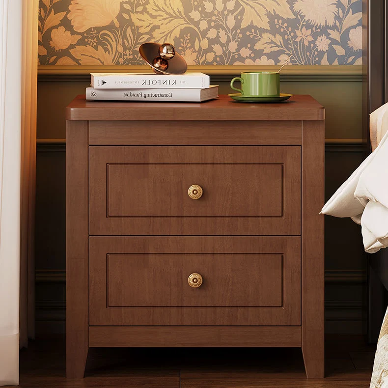 Contemporary Retro Rubberwood Plywood Pine Wood Rectangular Nightstand 2-Drawers For Bedside Storage