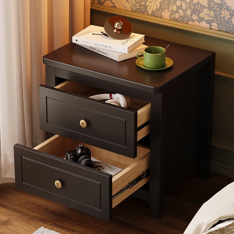 Contemporary Retro Rubberwood Plywood Pine Wood Rectangular Nightstand 2-Drawers For Bedside Storage