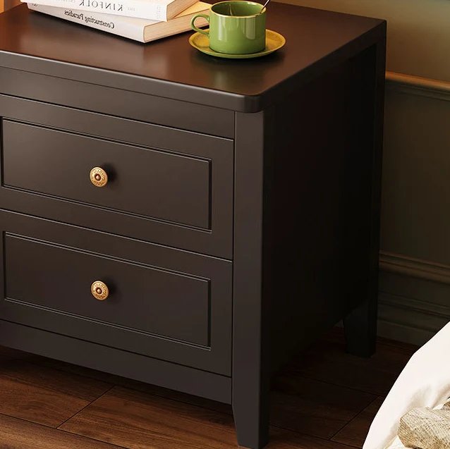 Contemporary Retro Rubberwood Plywood Pine Wood Rectangular Nightstand 2-Drawers For Bedside Storage