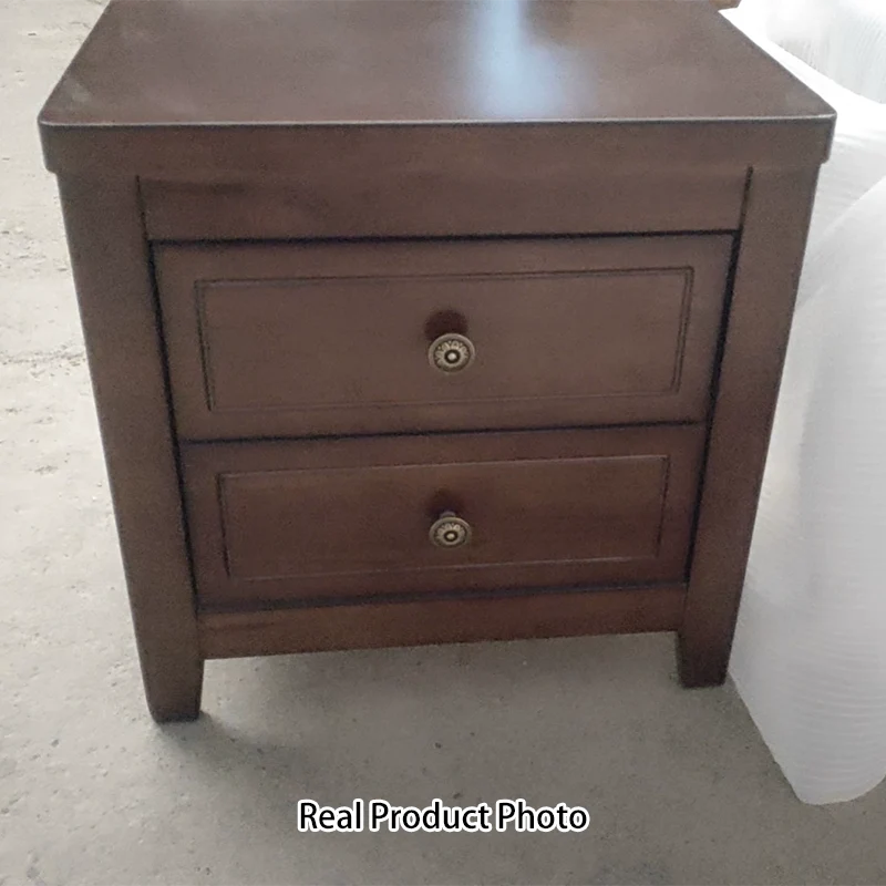 Contemporary Retro Rubberwood Plywood Pine Wood Rectangular Nightstand 2-Drawers For Bedside Storage