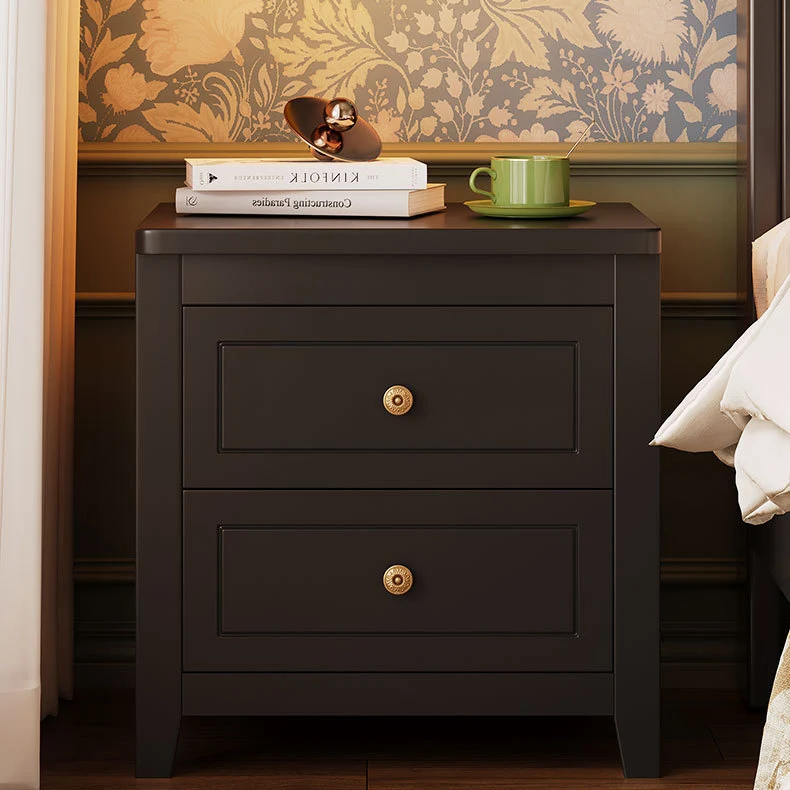Contemporary Retro Rubberwood Plywood Pine Wood Rectangular Nightstand 2-Drawers For Bedside Storage