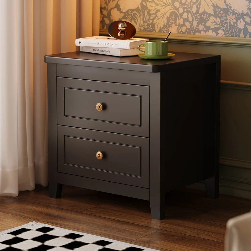 Contemporary Retro Rubberwood Plywood Pine Wood Rectangular Nightstand 2-Drawers For Bedside Storage