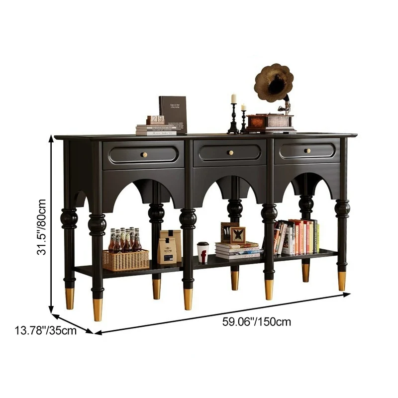 Traditional French Rubberwood Metal Plywood Arched Roman Column Console Table With 3 Drawers & 2-Tier Storage For Entryway