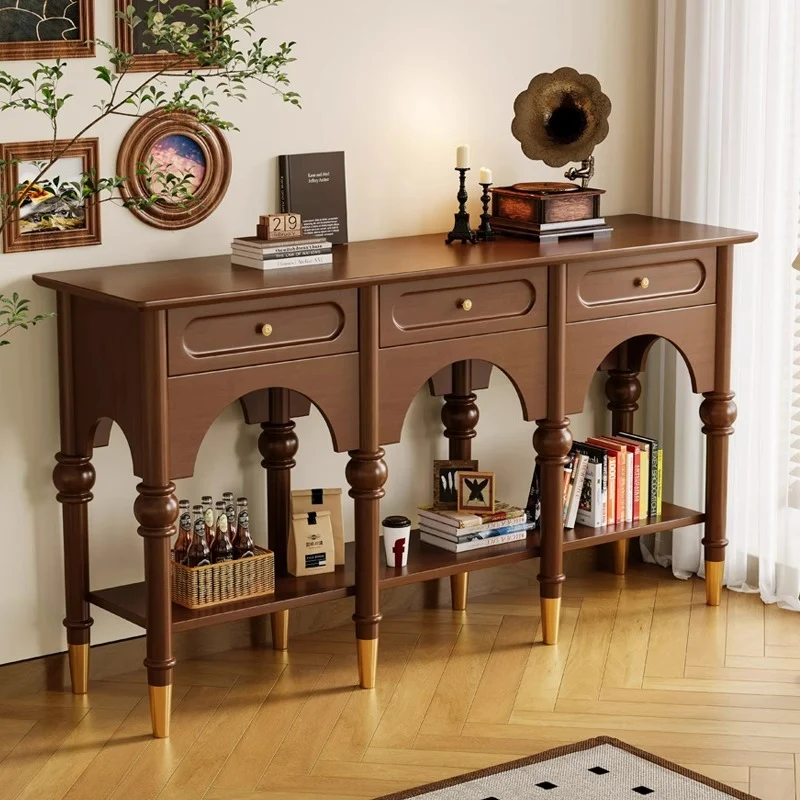 Traditional French Rubberwood Metal Plywood Arched Roman Column Console Table With 3 Drawers & 2-Tier Storage For Entryway