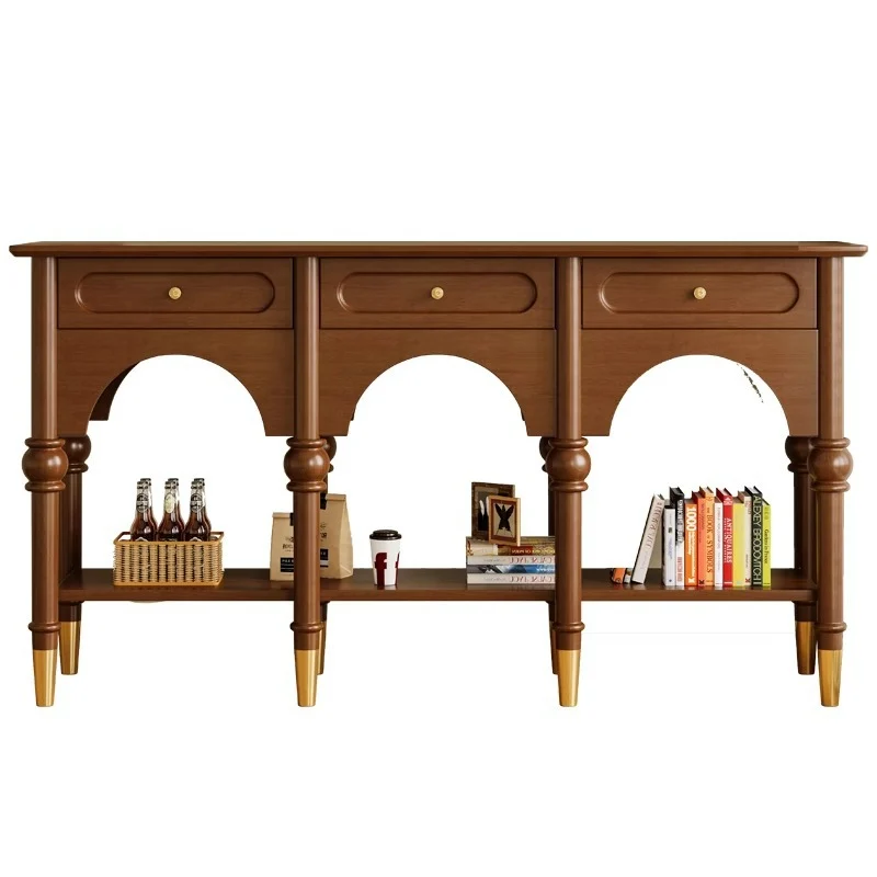 Traditional French Rubberwood Metal Plywood Arched Roman Column Console Table With 3 Drawers & 2-Tier Storage For Entryway