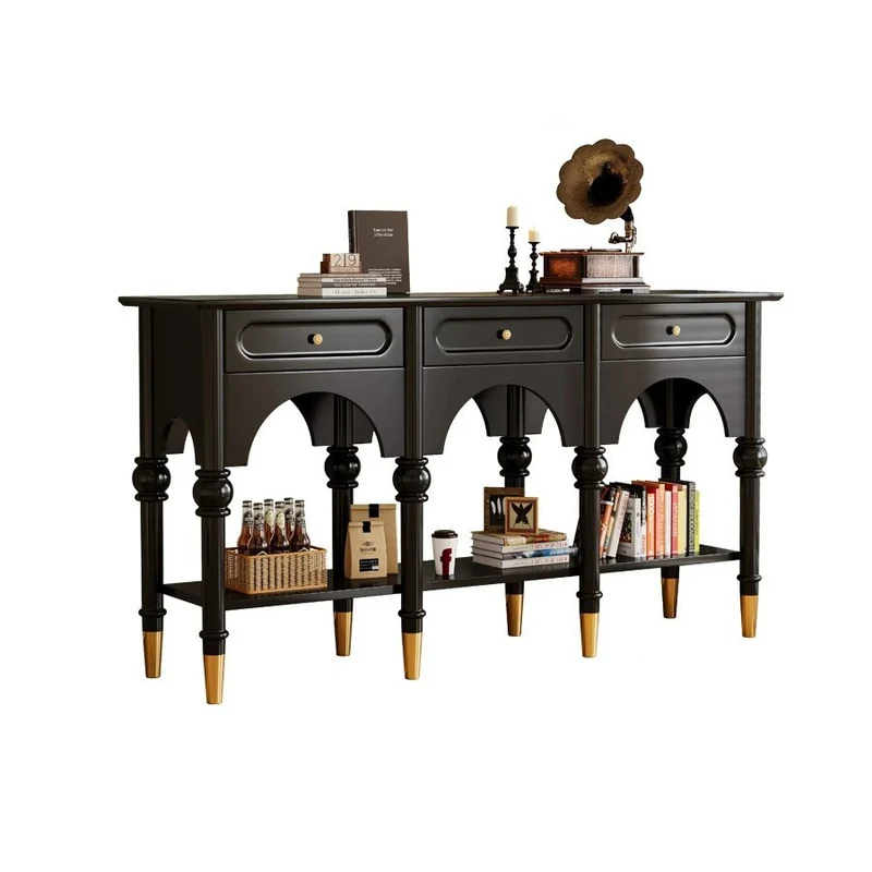 Traditional French Rubberwood Metal Plywood Arched Roman Column Console Table With 3 Drawers & 2-Tier Storage For Entryway