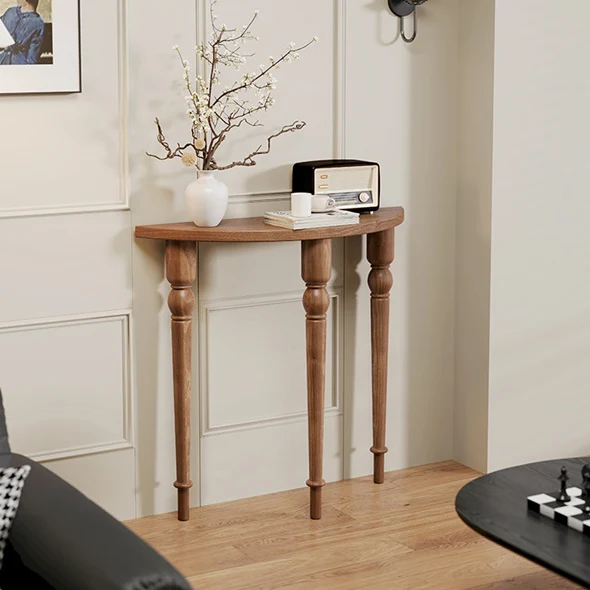 Traditional French Pine Wood Roman Column Half-Round Console Table With Symmetrical Design For Entryway