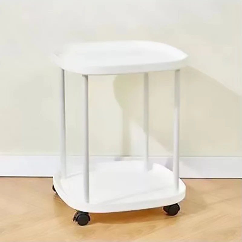 Modern Minimalist Plastic Rounded Square End Table With 2-Tier & Wheels For Living Room