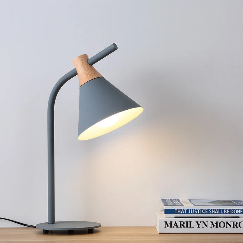 Contemporary Scandinavian Solid Wood Iron Conical Shade 1-Light Table Lamp For Bedroom