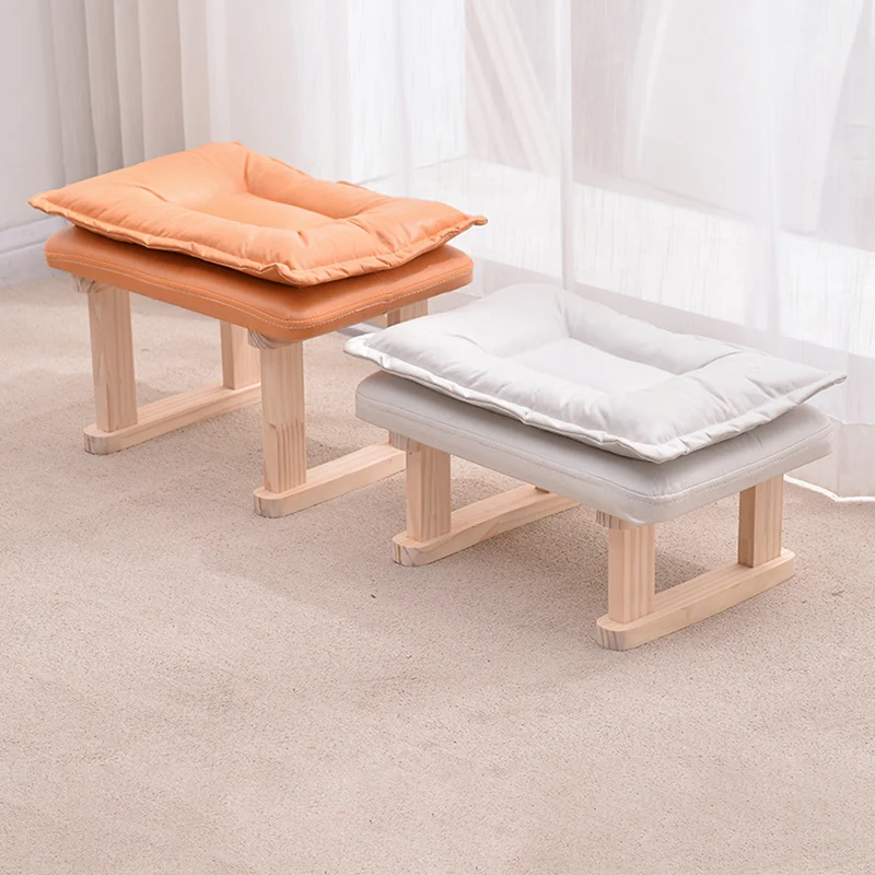 Contemporary Nordic Square Rubberwood Tech Fabric Footstool Backless Armless For Living Room