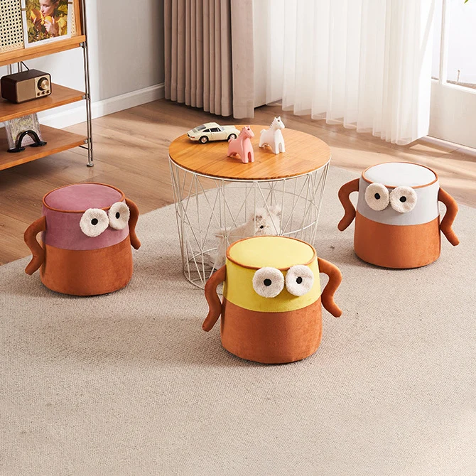 Contemporary Creative Cylinder Big Eyes Solid Wood Flannelette Footstool Backless Armless For Living Room
