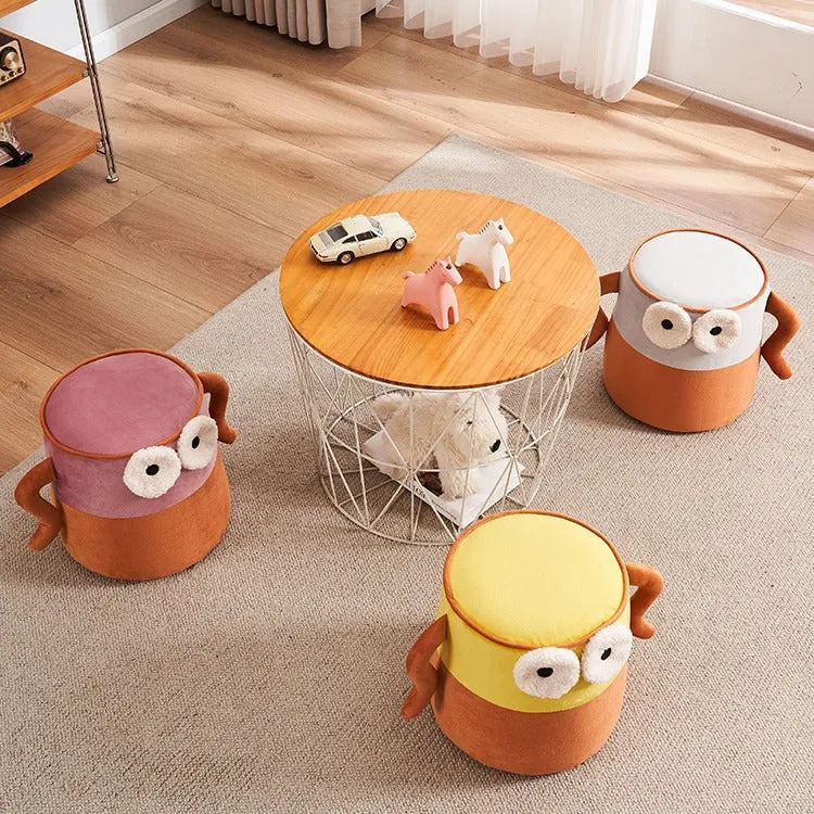 Contemporary Creative Cylinder Big Eyes Solid Wood Flannelette Footstool Backless Armless For Living Room