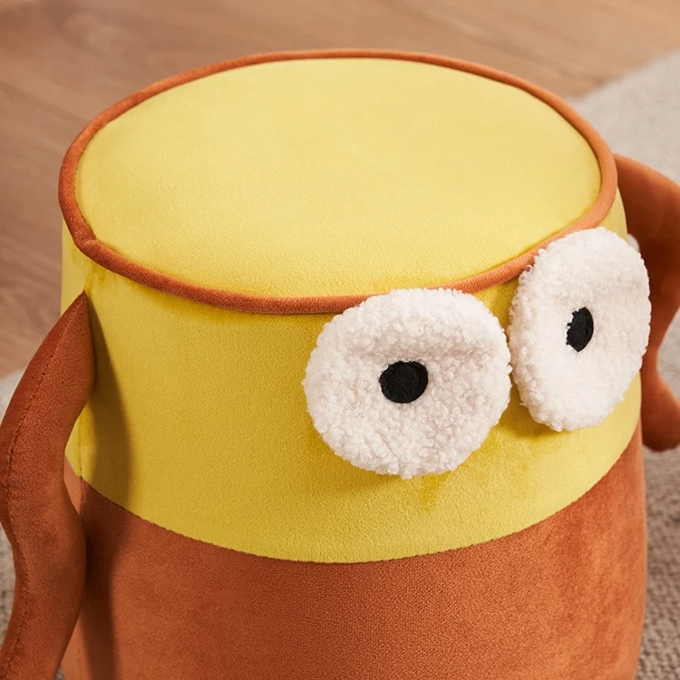 Contemporary Creative Cylinder Big Eyes Solid Wood Flannelette Footstool Backless Armless For Living Room