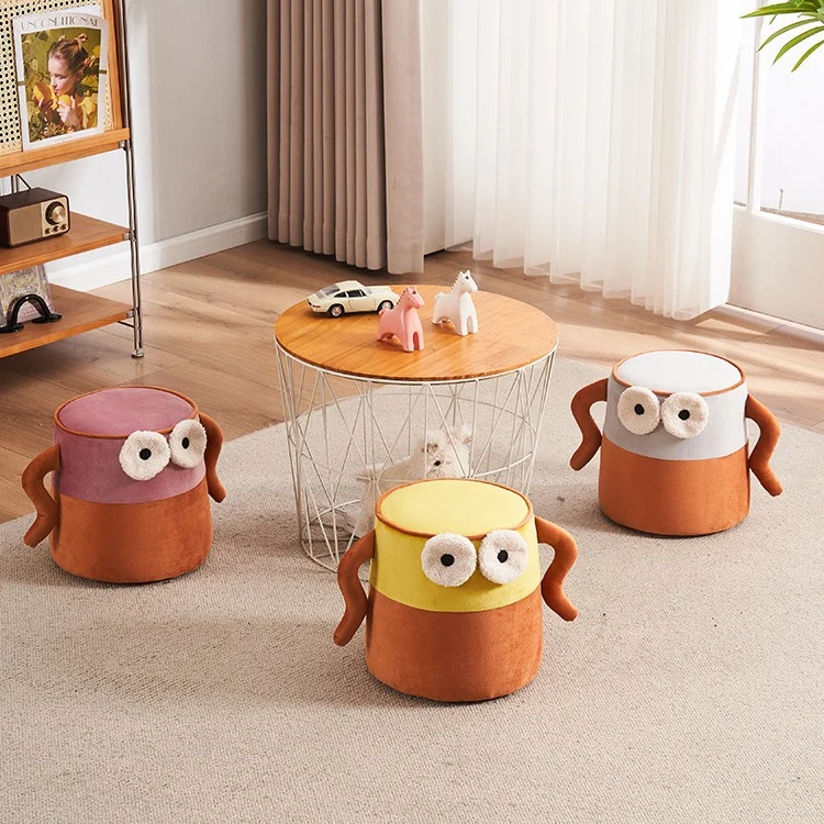 Contemporary Creative Cylinder Big Eyes Solid Wood Flannelette Footstool Backless Armless For Living Room