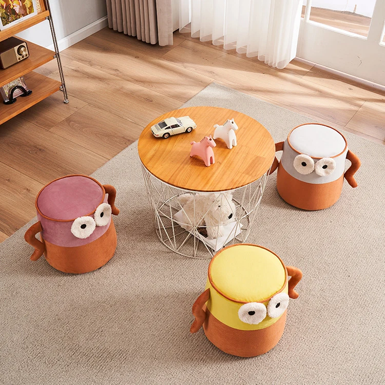 Contemporary Creative Cylinder Big Eyes Solid Wood Flannelette Footstool Backless Armless For Living Room