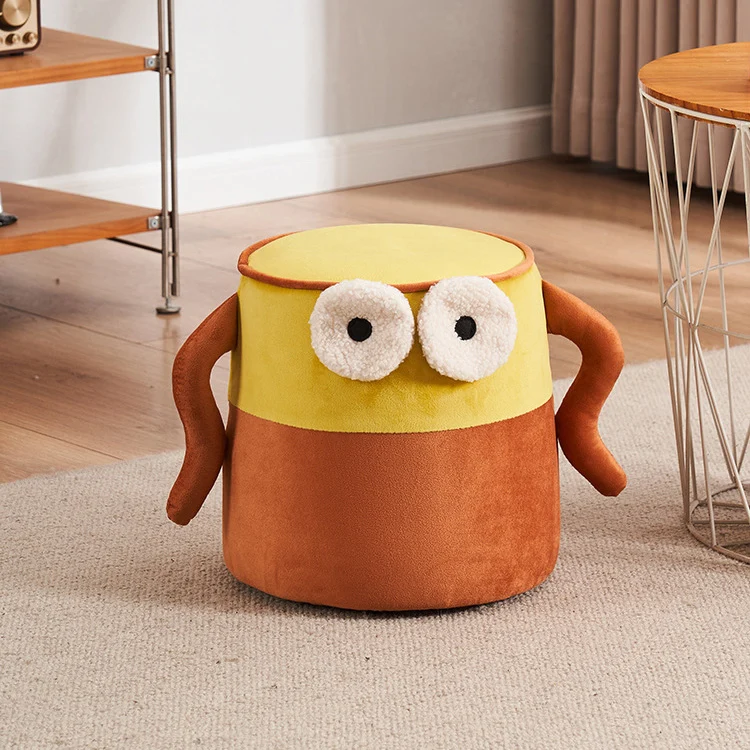 Contemporary Creative Cylinder Big Eyes Solid Wood Flannelette Footstool Backless Armless For Living Room