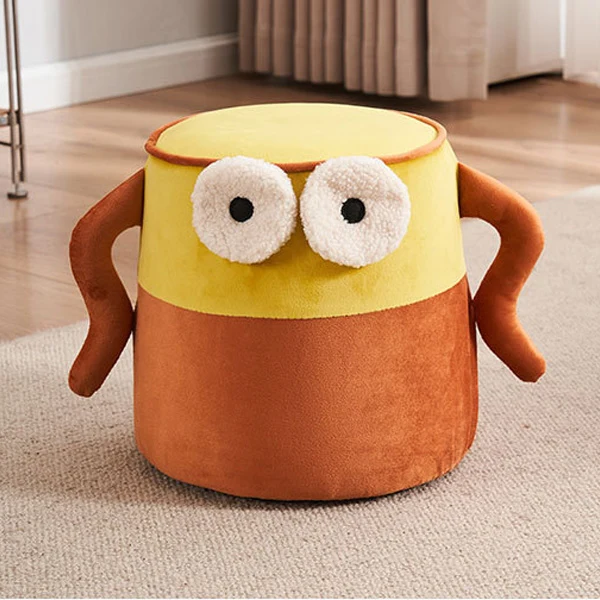 Contemporary Creative Cylinder Big Eyes Solid Wood Flannelette Footstool Backless Armless For Living Room