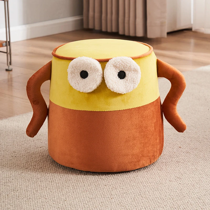 Contemporary Creative Cylinder Big Eyes Solid Wood Flannelette Footstool Backless Armless For Living Room