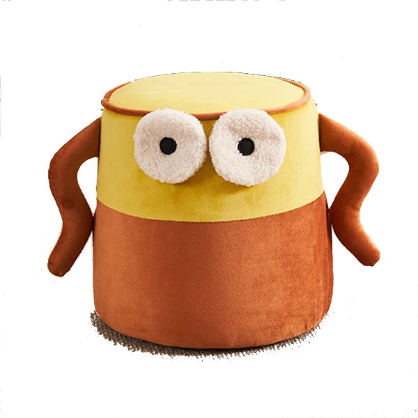 Contemporary Creative Cylinder Big Eyes Solid Wood Flannelette Footstool Backless Armless For Living Room