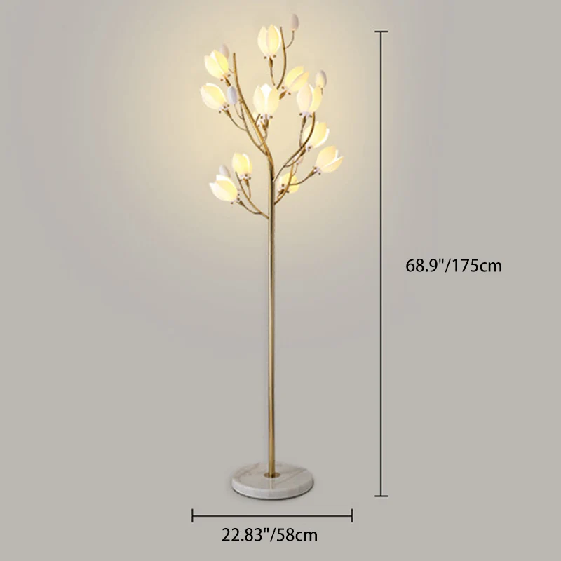 Contemporary Creative Iron & Ceramic Magnolia-Shaped 12-Light Standing Floor Lamp For Bedroom & Living Room
