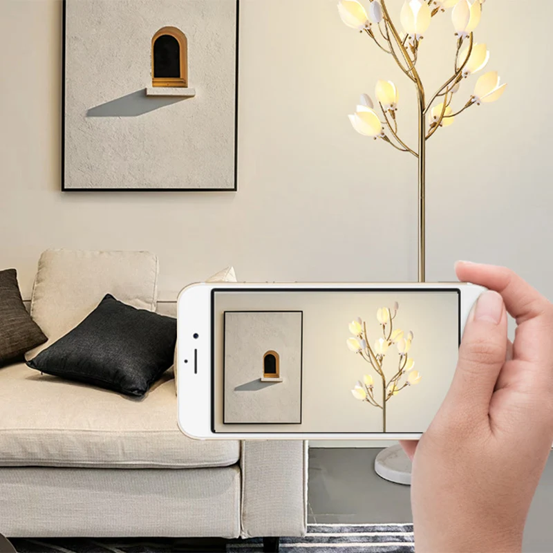 Contemporary Creative Iron & Ceramic Magnolia-Shaped 12-Light Standing Floor Lamp For Bedroom & Living Room