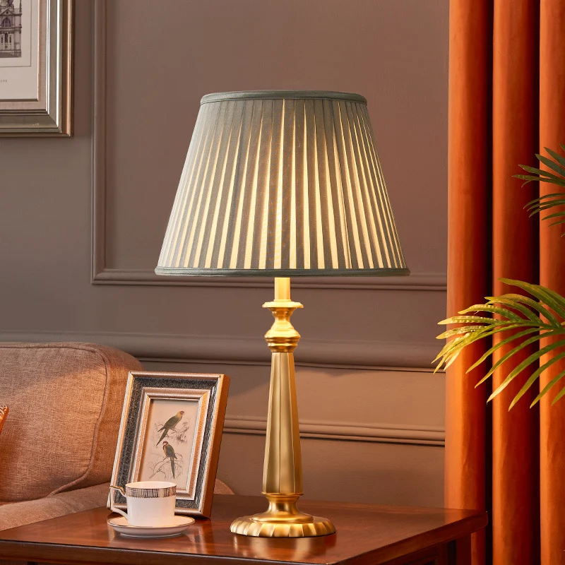 Traditional Farmhouse Tapered Fabric Shade Solid Brass Base 1-Light Table Lamp For Bedroom
