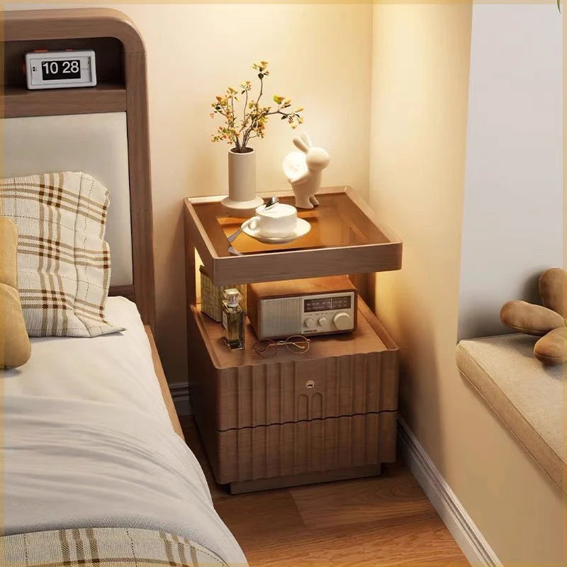 Traditional Chinese Solid Wood Glass Striped Square Nightstand With 2-Drawers For Bedroom