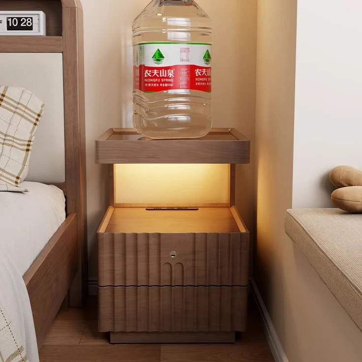 Traditional Chinese Solid Wood Glass Striped Square Nightstand With 2-Drawers For Bedroom