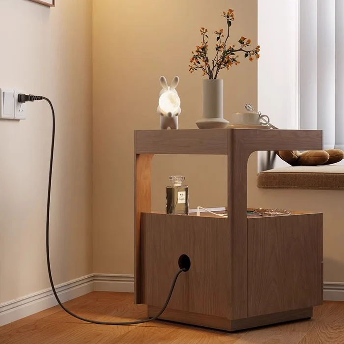 Traditional Chinese Solid Wood Glass Striped Square Nightstand With 2-Drawers For Bedroom