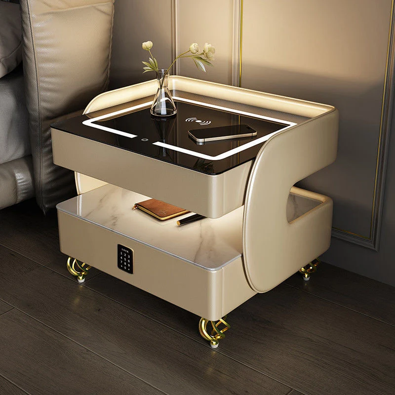 Contemporary Scandinavian Sintered Stone Glass Metal Wood Square Nightstand 2-Tier For Bedroom