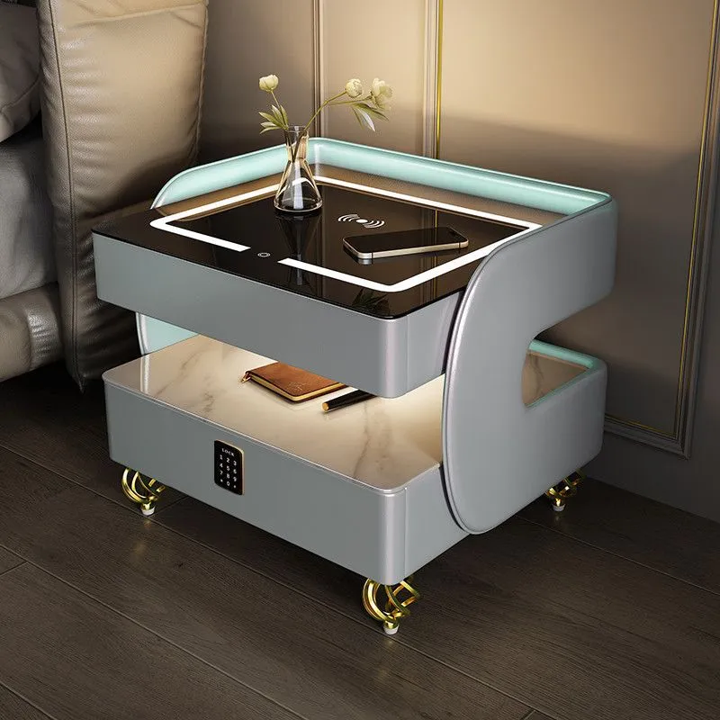 Contemporary Scandinavian Sintered Stone Glass Metal Wood Square Nightstand 2-Tier For Bedroom