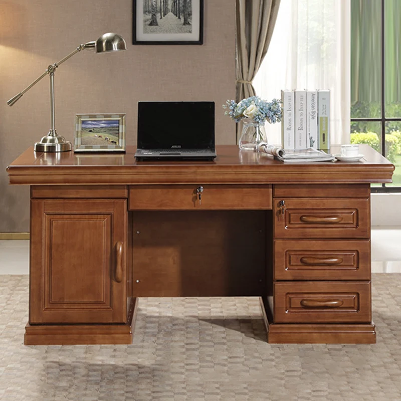 Contemporary Retro Plywood Rubber Wood Hardware Rectangular Desks 4-Drawer Cabinet For Home Office