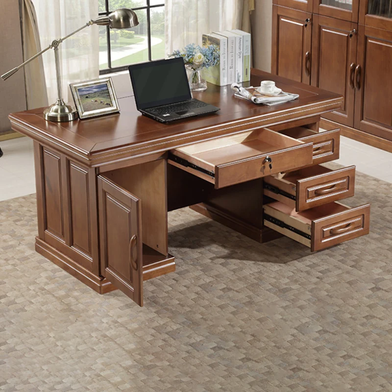 Contemporary Retro Plywood Rubber Wood Hardware Rectangular Desks 4-Drawer Cabinet For Home Office
