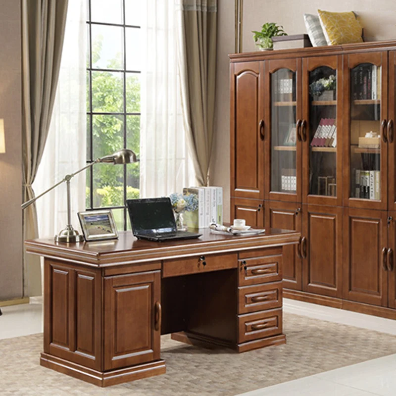 Contemporary Retro Plywood Rubber Wood Hardware Rectangular Desks 4-Drawer Cabinet For Home Office
