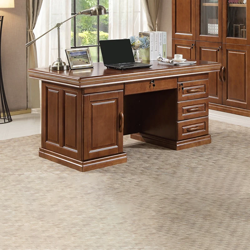 Contemporary Retro Plywood Rubber Wood Hardware Rectangular Desks 4-Drawer Cabinet For Home Office