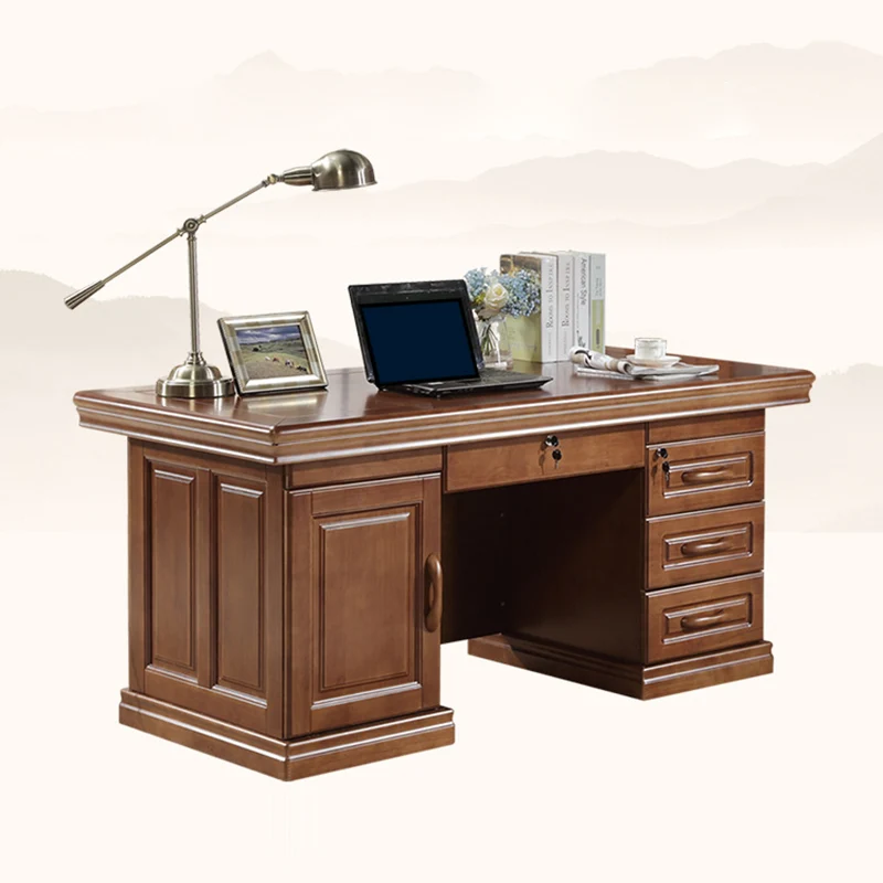 Contemporary Retro Plywood Rubber Wood Hardware Rectangular Desks 4-Drawer Cabinet For Home Office