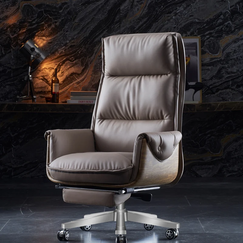 Modern Luxury Genuine Leather Plywood & Aluminum Rectangular Back Desk Chair With Footrest & Wheels For Study & Home Office