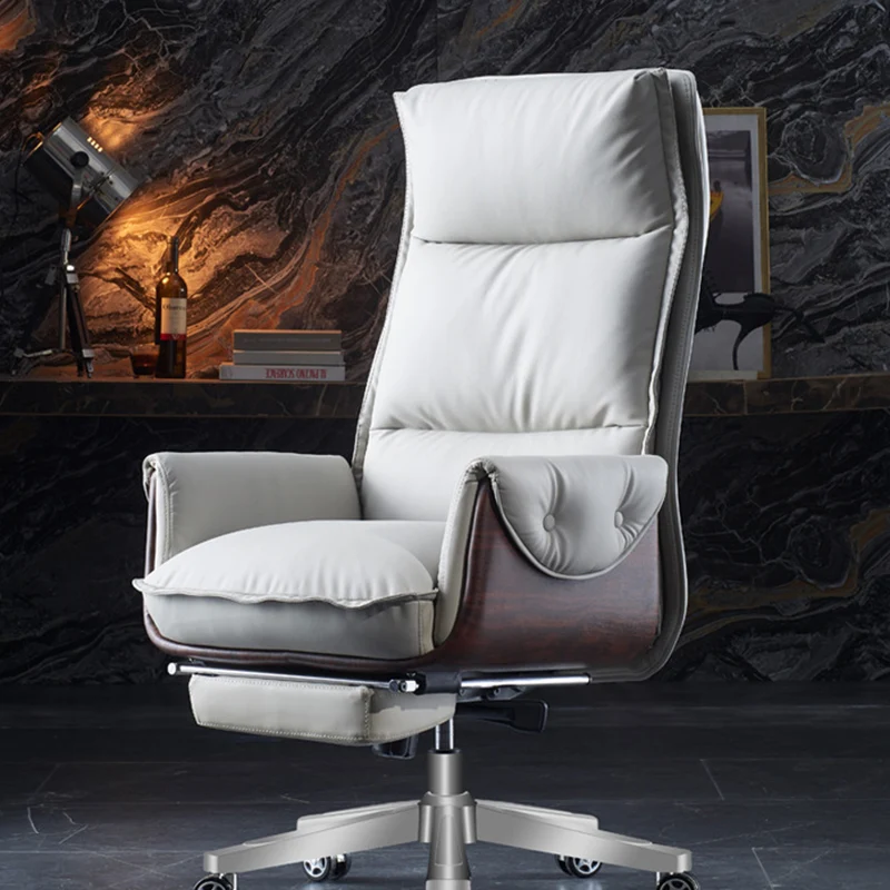 Modern Luxury Genuine Leather Plywood & Aluminum Rectangular Back Desk Chair With Footrest & Wheels For Study & Home Office