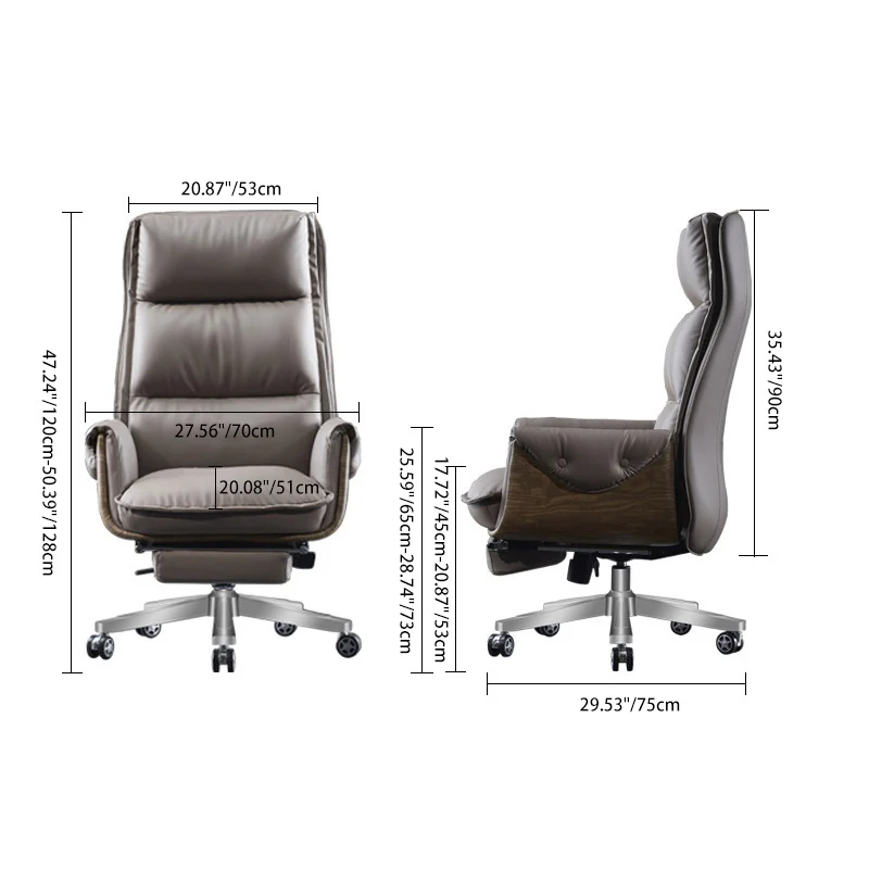 Modern Luxury Genuine Leather Plywood & Aluminum Rectangular Back Desk Chair With Footrest & Wheels For Study & Home Office