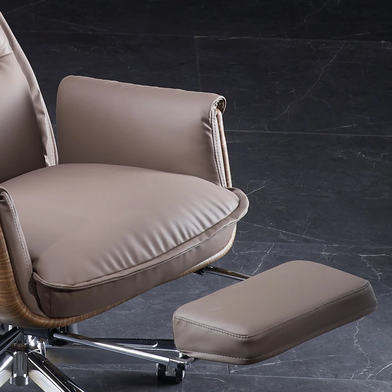 Modern Luxury Genuine Leather Plywood & Aluminum Rectangular Back Desk Chair With Footrest & Wheels For Study & Home Office