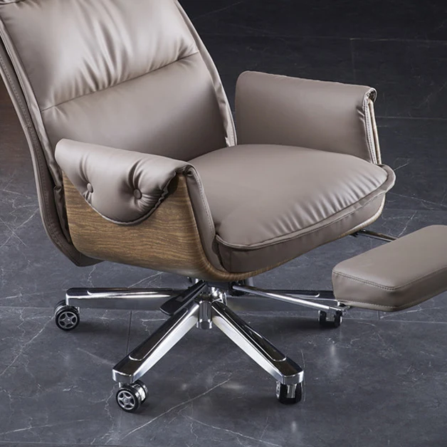 Modern Luxury Genuine Leather Plywood & Aluminum Rectangular Back Desk Chair With Footrest & Wheels For Study & Home Office