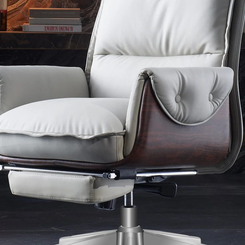 Modern Luxury Genuine Leather Plywood & Aluminum Rectangular Back Desk Chair With Footrest & Wheels For Study & Home Office