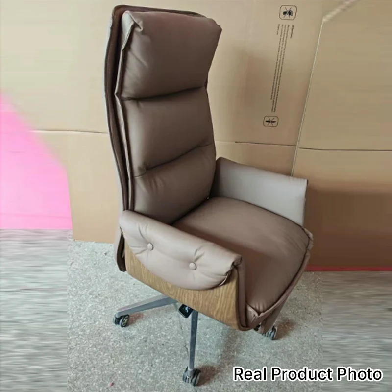 Modern Luxury Genuine Leather Plywood & Aluminum Rectangular Back Desk Chair With Footrest & Wheels For Study & Home Office