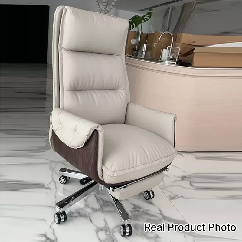 Modern Luxury Genuine Leather Plywood & Aluminum Rectangular Back Desk Chair With Footrest & Wheels For Study & Home Office