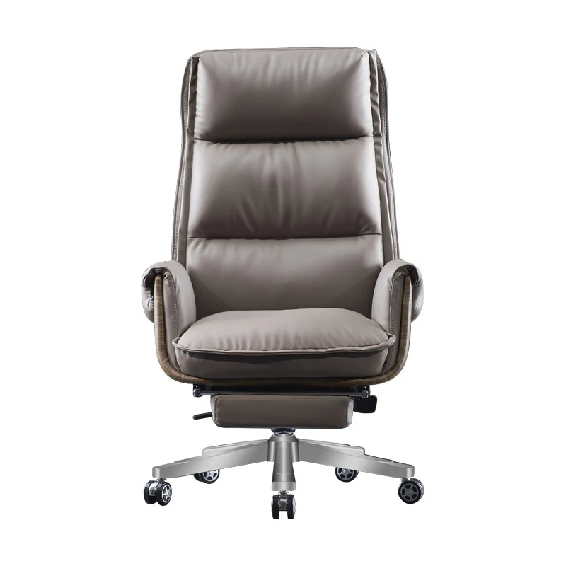 Modern Luxury Genuine Leather Plywood & Aluminum Rectangular Back Desk Chair With Footrest & Wheels For Study & Home Office