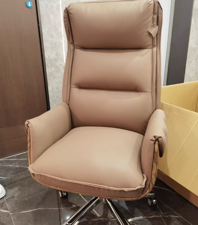 Modern Luxury Genuine Leather Plywood & Aluminum Rectangular Back Desk Chair With Footrest & Wheels For Study & Home Office
